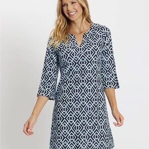 Jude Connally Blue and White Midi Dress with Geometric Print